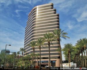 image of the curved side of the Phoenix office tower called One Arizona Center