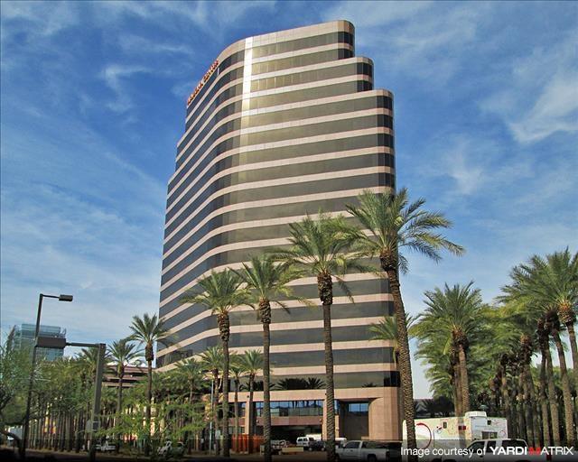 image of the curved side of the Phoenix office tower called One Arizona Center