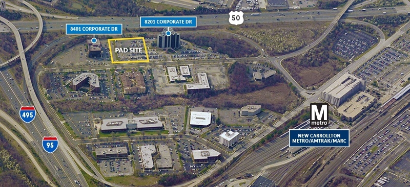 aerial photo with superimposed map notes of the Landover Maryland Metro Plex office portfolio 