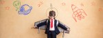 boy in business suit with rocket wings preparing to take flight