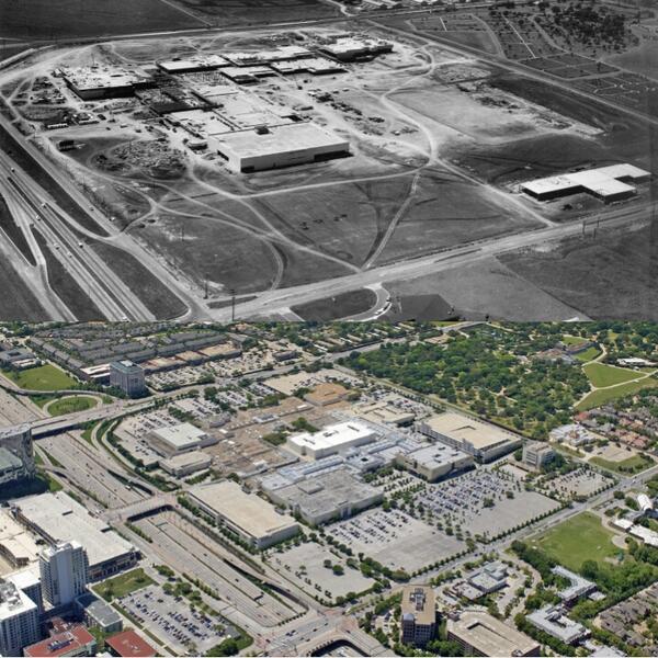 before and after photo of the northpark center site with 1965 vs 2014 view