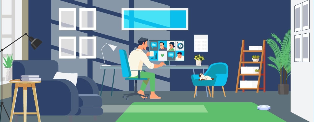 Illustration of a telecommuter in a conference call with several colleagues