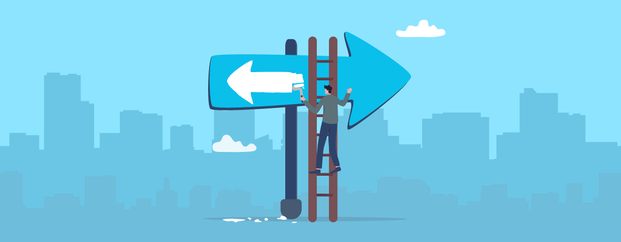 Vector art of a person painting a different direction on an arrow sign, symbolizing opportunities for a flexible career