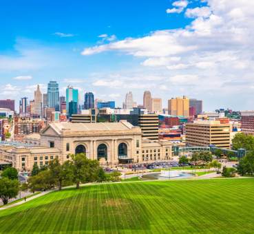 distant view of office and commercial real estate buildings in downtown Kansas City