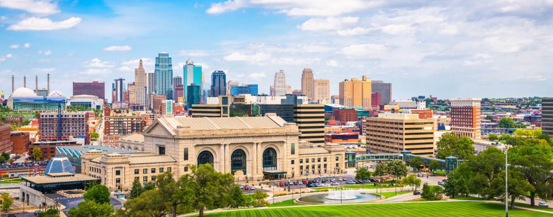 distant view of office and commercial real estate buildings in downtown Kansas City