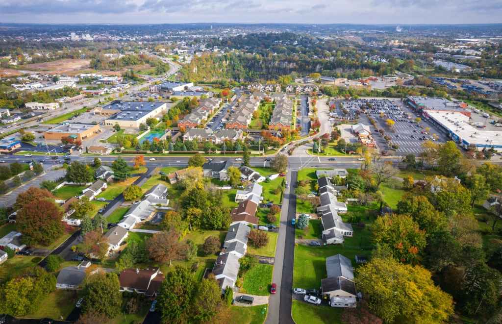 Broad aerial view of the King of Prussia suburban submarket of Philadelphia