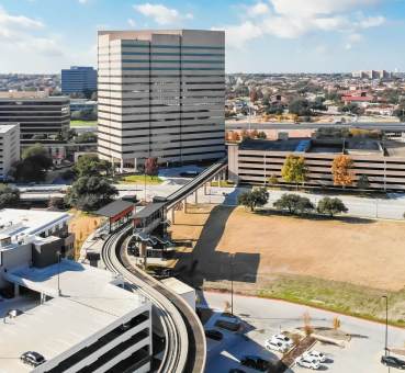 aerial landscape view of the rail going into the central business district of Las Colinas in Irving, Texas