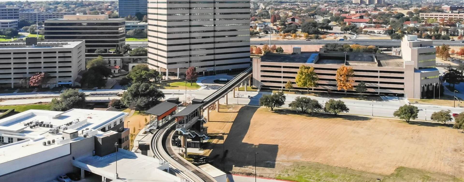 aerial landscape view of the rail going into the central business district of Las Colinas in Irving, Texas