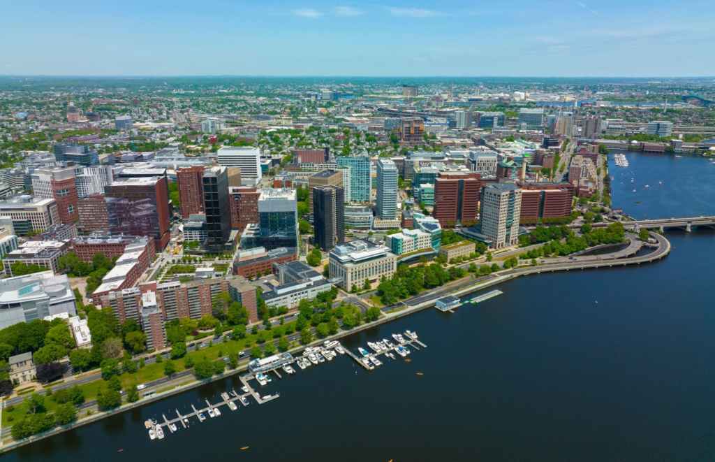 panoramic view of office properties along the Cambridge waterfront in Boston MA