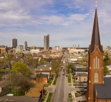 panoramic view of commercial and office buildings in the Fort Wayne central business district