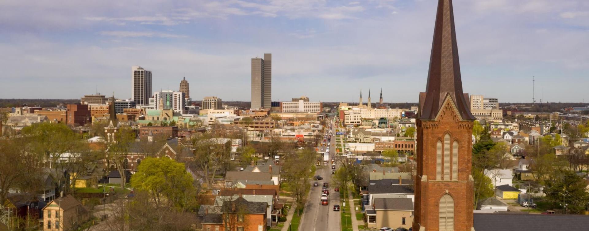 panoramic view of commercial and office buildings in the Fort Wayne central business district