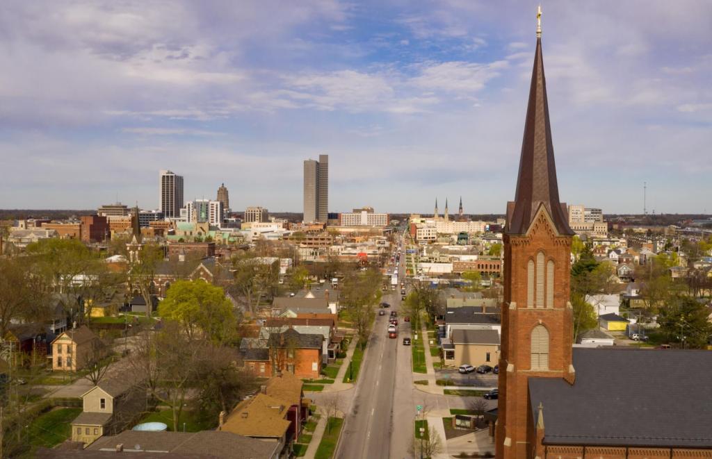 panoramic view of commercial and office buildings in the Fort Wayne central business district