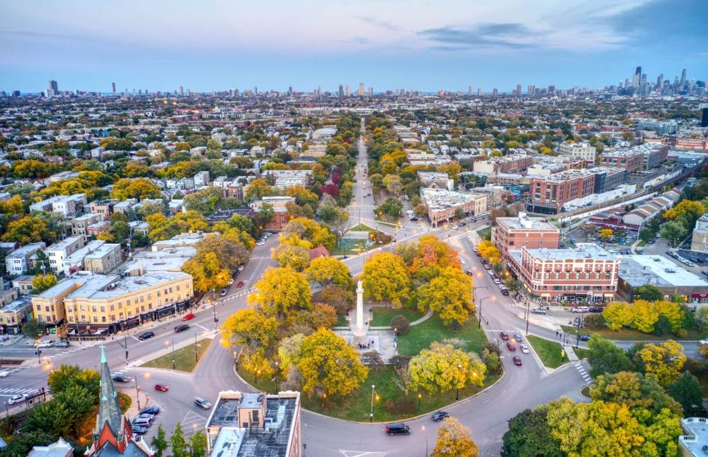 aerial landscape view of north chicago with the central business district skyline at the horizon