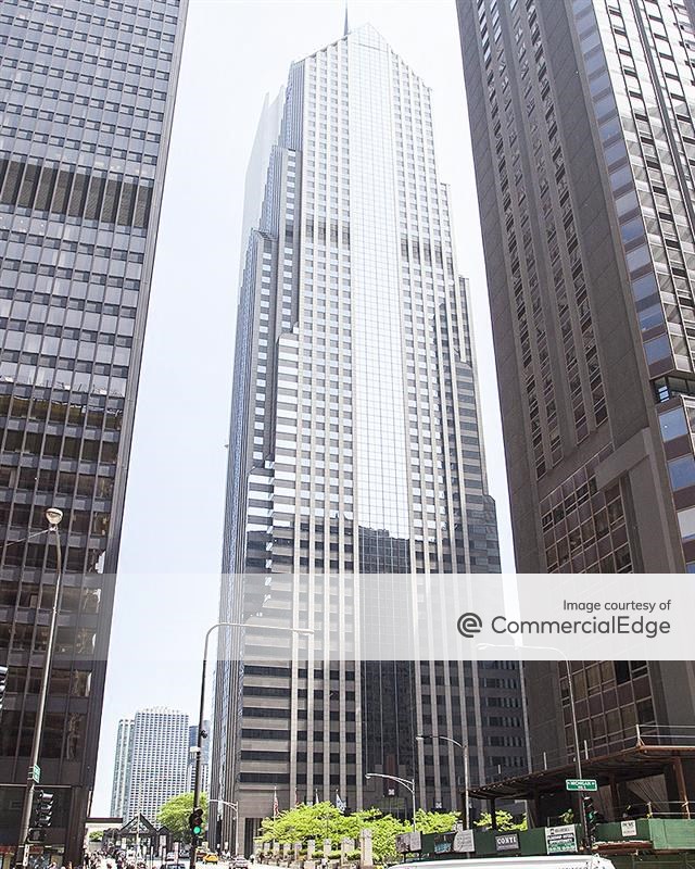 view from street level of the Prudential Center tower 2 office building in the Chicago lakefront east submarket
