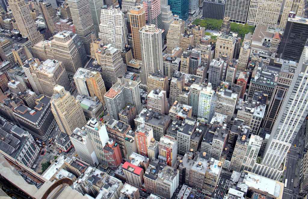 aerial view of midton manhattan office space buildings between herald square and Bryant park