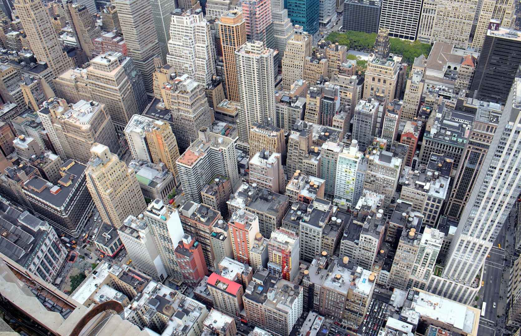 aerial view of midton manhattan office space buildings between herald square and Bryant park