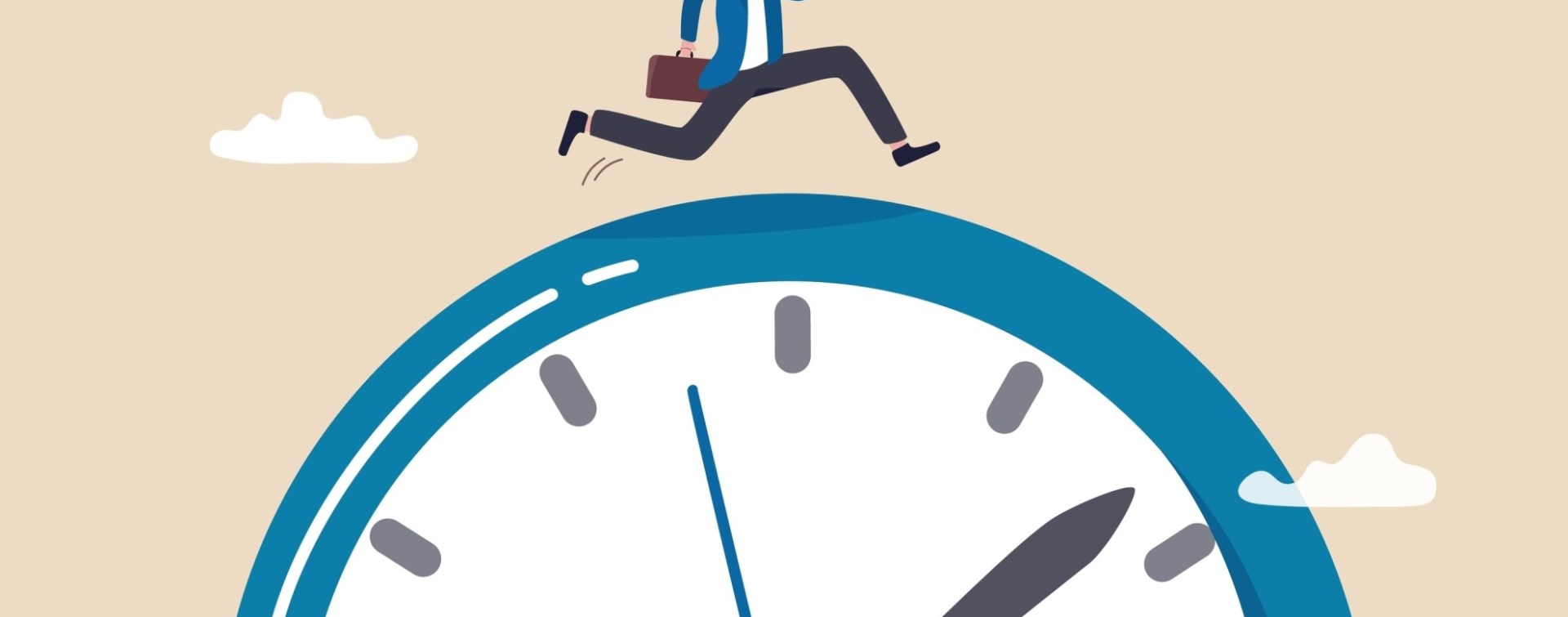 drawn illustration of a person dressed in suit and jacket, carrying briefcase, running stressed against time, atop a clock that appears to be in the clouds against a tan sky