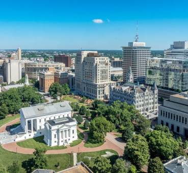 aerial panoramic drone view of commercial real estate buildings in richmond virginia central business district
