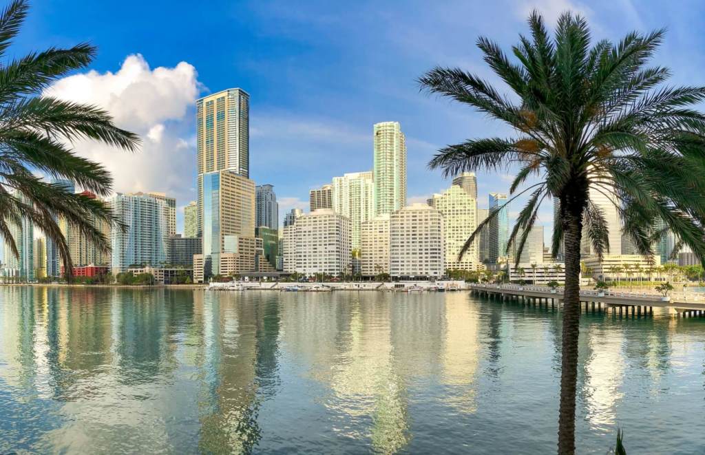 view of the Miami Brickell neighborhood skyline from across the water