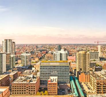 aerial panoramic view of the chicago business district skyline and surrounding region