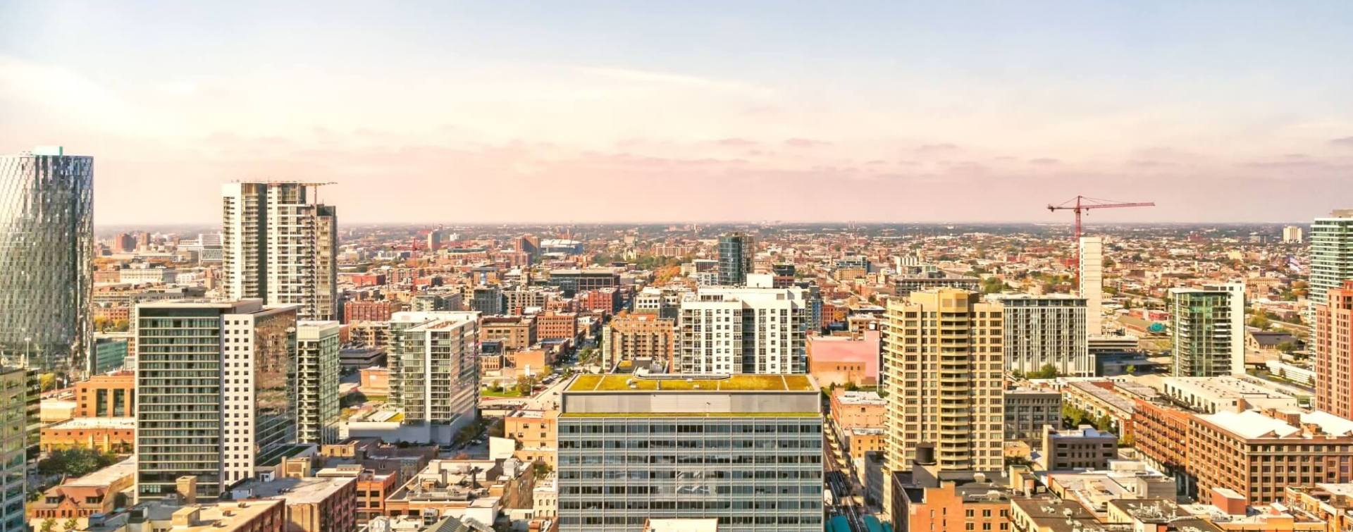 aerial panoramic view of the chicago business district skyline and surrounding region