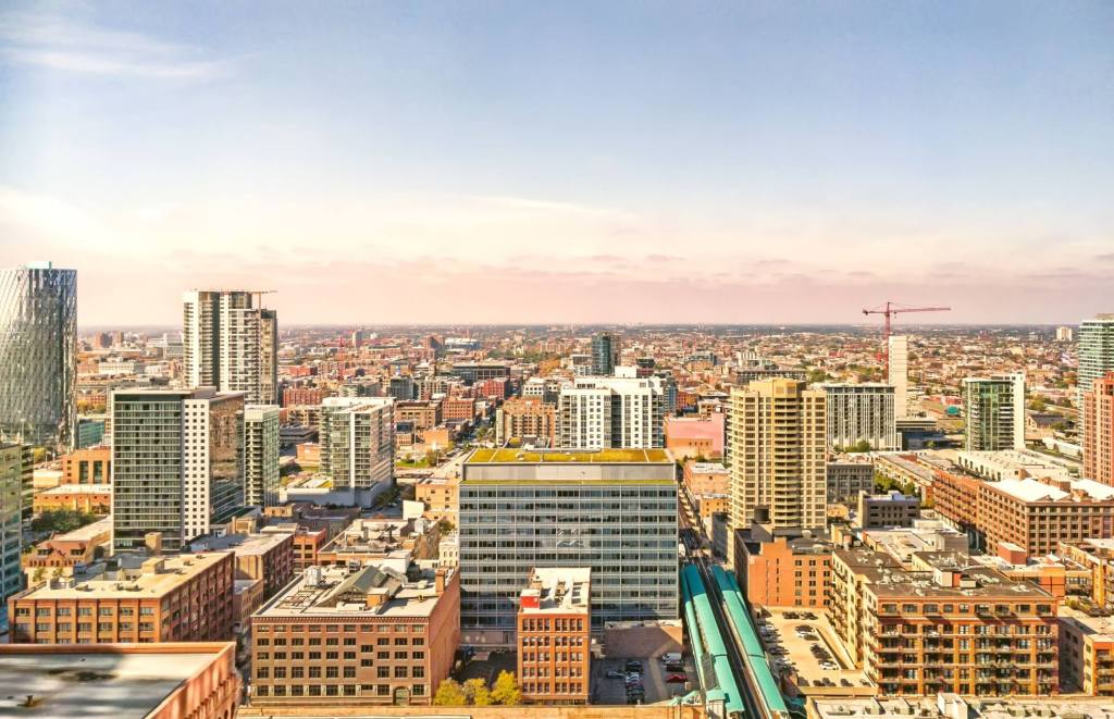 aerial panoramic view of the chicago business district skyline and surrounding region