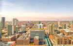 aerial panoramic view of the chicago business district skyline and surrounding region