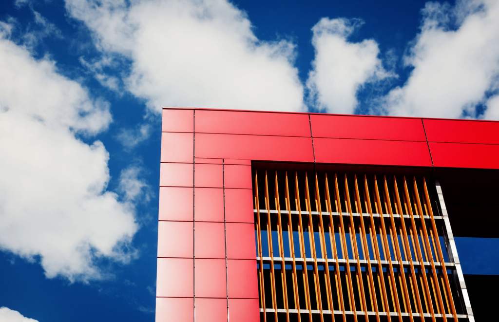 office building red facade