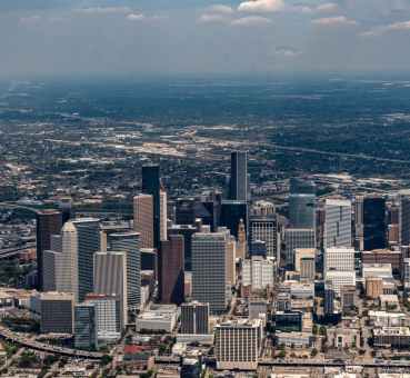 houston aerial panoramic view of the central business district skyscraper skyline and the surrounding urban and suburban areas