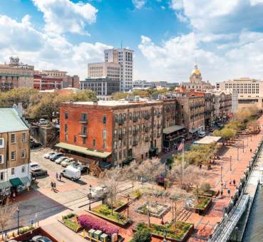 aerial panoramic view of commercial real estate buildings in Savannah Georgia, located on the waterfront