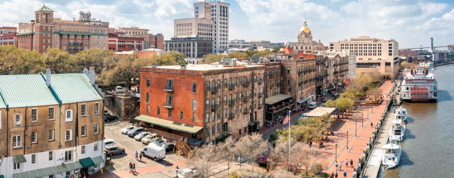 aerial panoramic view of commercial real estate buildings in Savannah Georgia, located on the waterfront