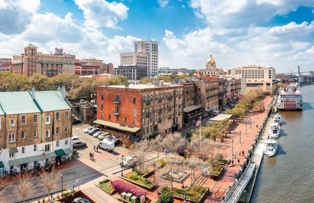aerial panoramic view of commercial real estate buildings in Savannah Georgia, located on the waterfront