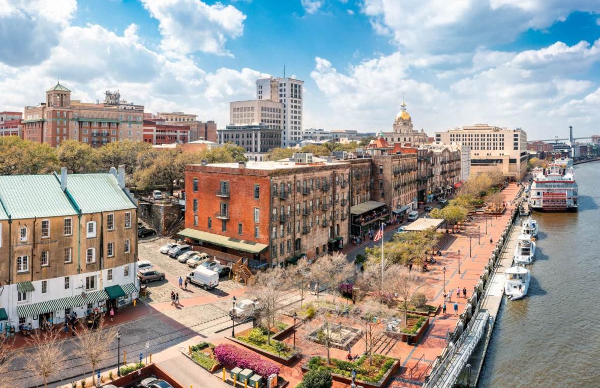 aerial panoramic view of commercial real estate buildings in Savannah Georgia, located on the waterfront
