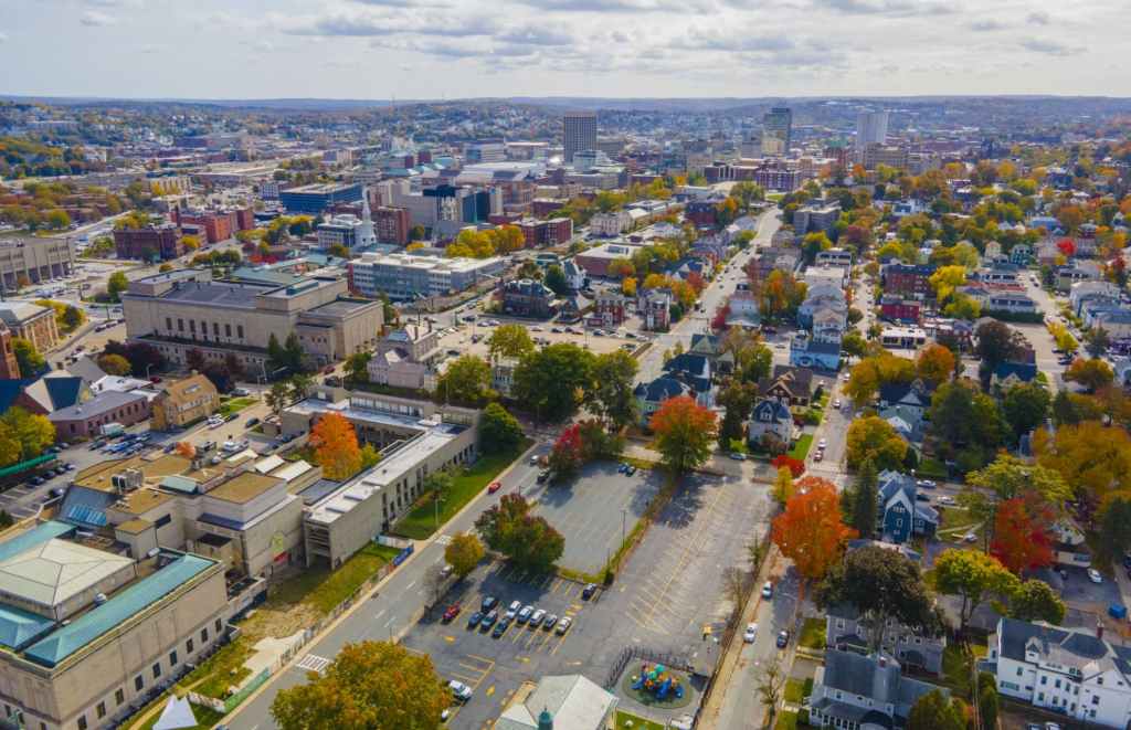 Worcester Massachusetts panoramic aerial view of the historic neighborhoods in the forefront and the central business district in the background