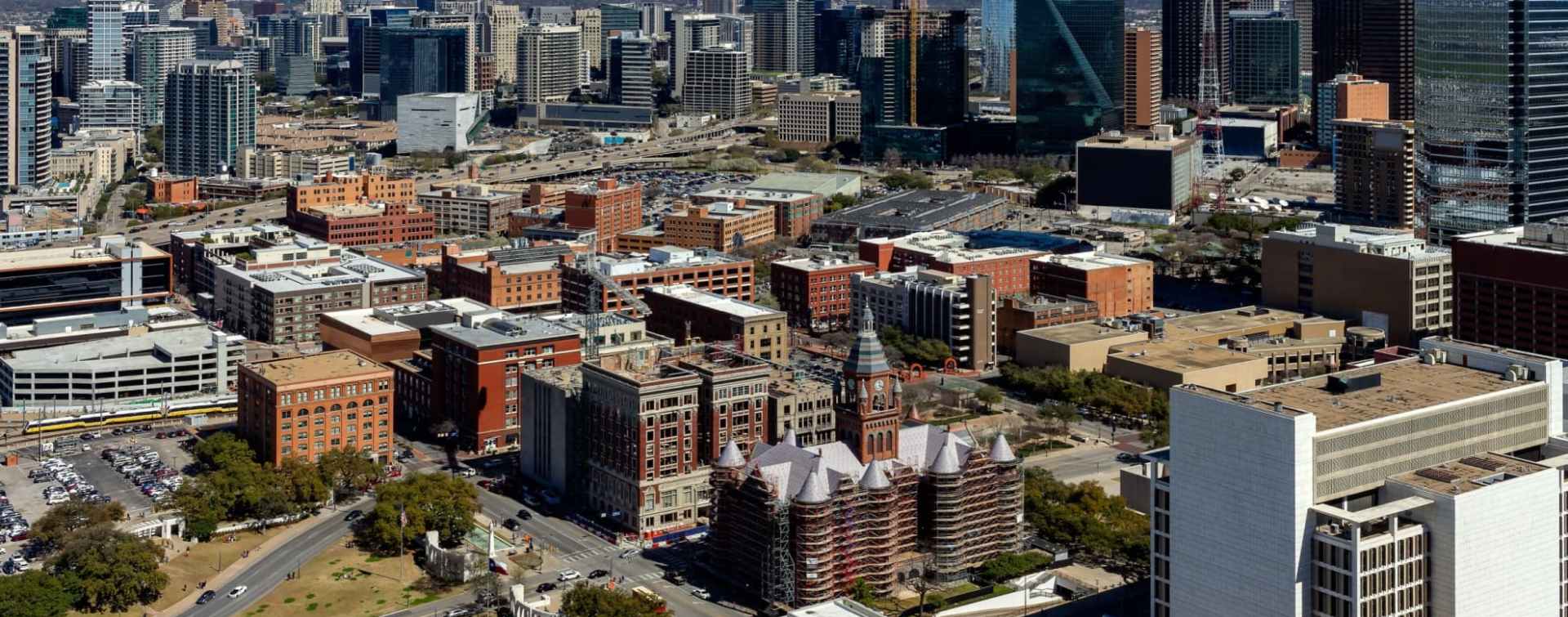 panoramic view of the West End and Dallas central business district skyline