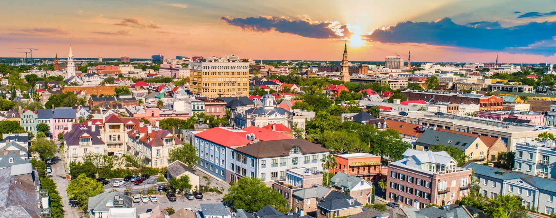 aerial view of the downtown Charleston area commercial and office buildings