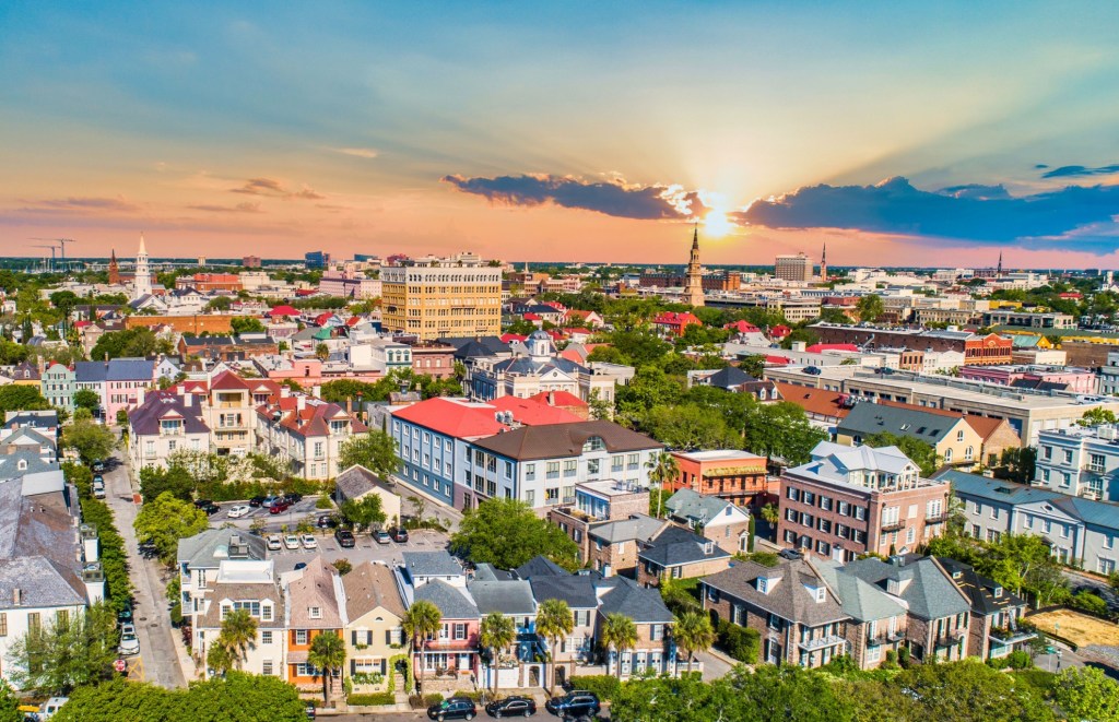 aerial view of the downtown Charleston area commercial and office buildings