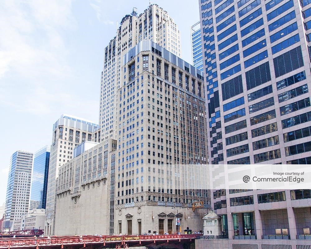 view from the river of The Civic Opera Building at 20 North Wacker Drive, in Chicago's Loop neighborhood.