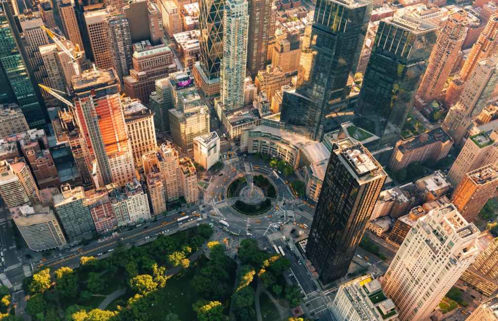 aerial view Columbus Circle in Midtown Manhattan