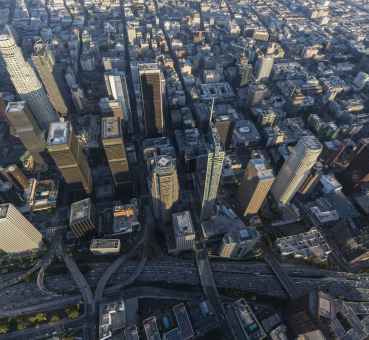 aerial view from above of skyscrapers in downtown los angeles