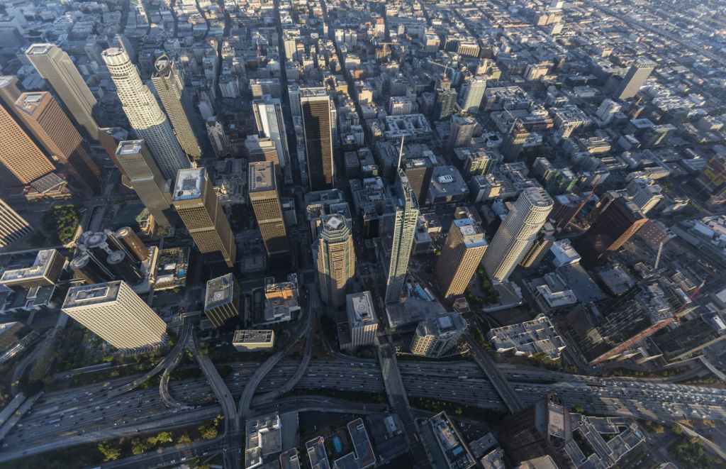 aerial view from above of skyscrapers in downtown los angeles