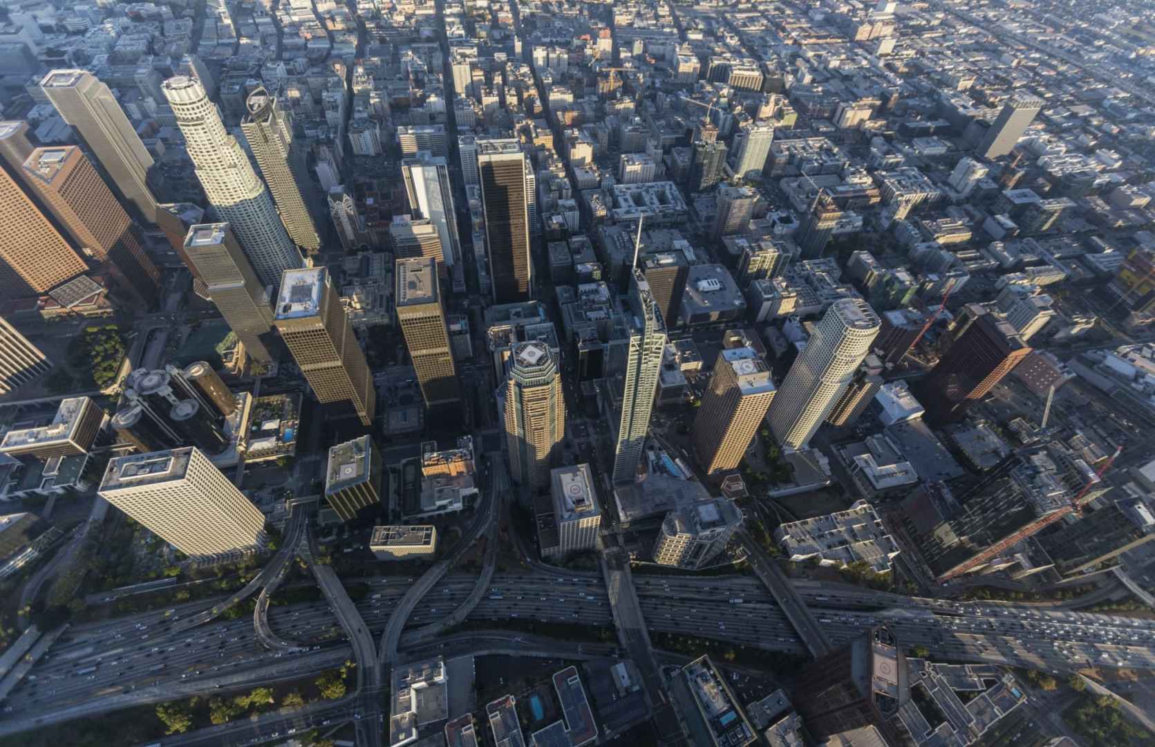 aerial view from above of skyscrapers in downtown los angeles