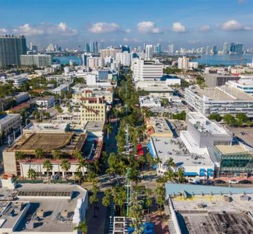 aerial view of miami retail space at the lincoln road mall, in the direction of the atlantic shore