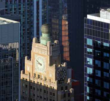 the iconic top of the landmarked art deco and beaux arts Paramount Building in Manhattan