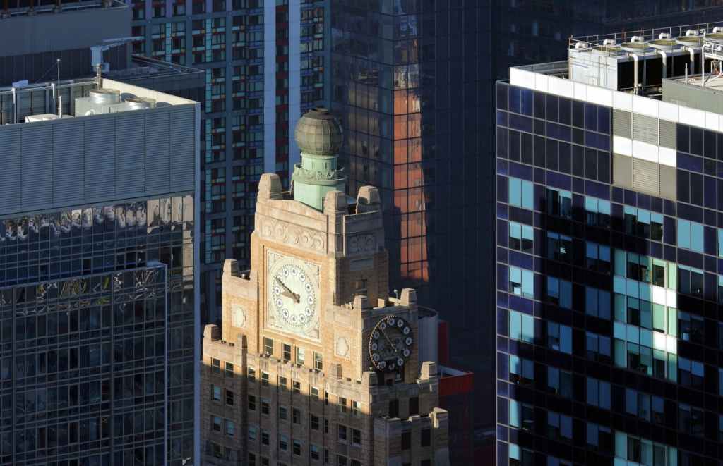 the iconic top of the landmarked art deco and beaux arts Paramount Building in Manhattan