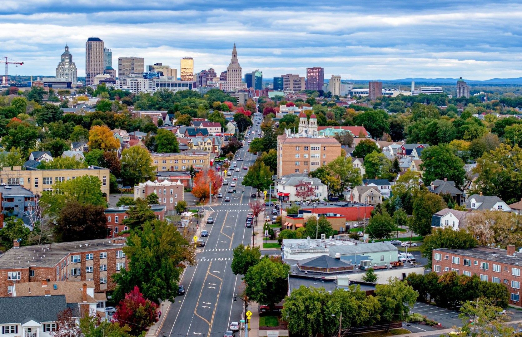 aerial panoramic view of hartford connecticut with central business district in the distance