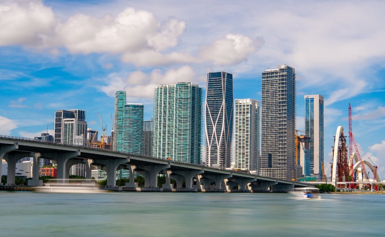 miami florida skyline and bridge view from the water