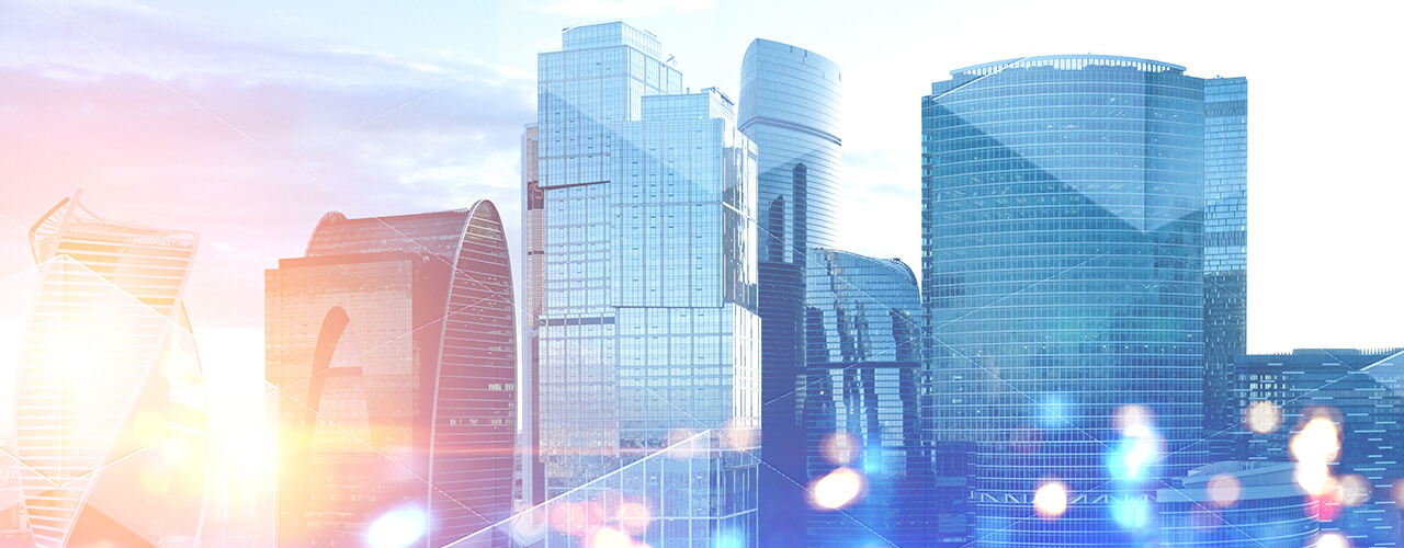 Panoramic view of modern cityscape with skyscrapers and glass towers with double exposure of triangular pattern for expert insights with joe killinger