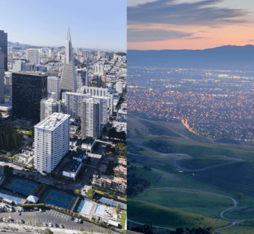 composite image of san francisco office buildings to the left and sprawling silicon valley in the bay area to the right