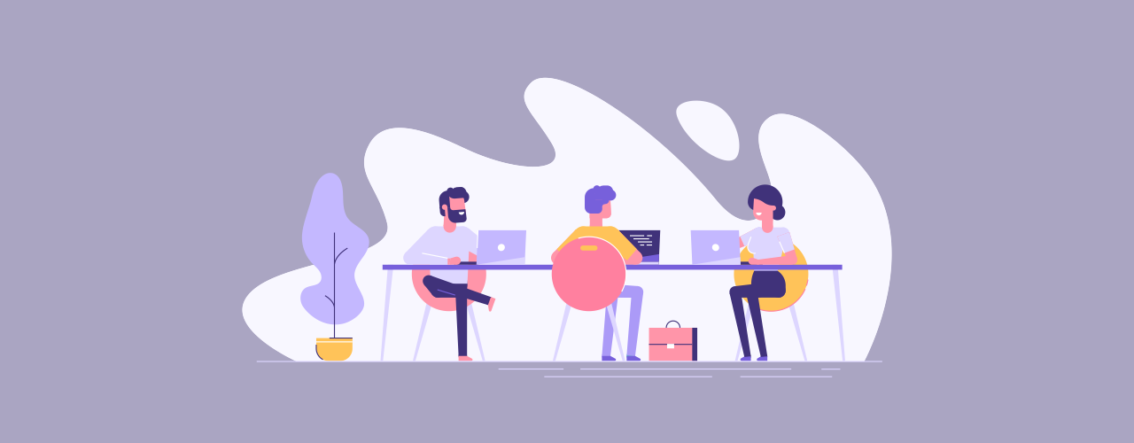 Coworking space with creative people sitting at the table. Business team working together at the big desk using laptops. Flat design style vector illustration.